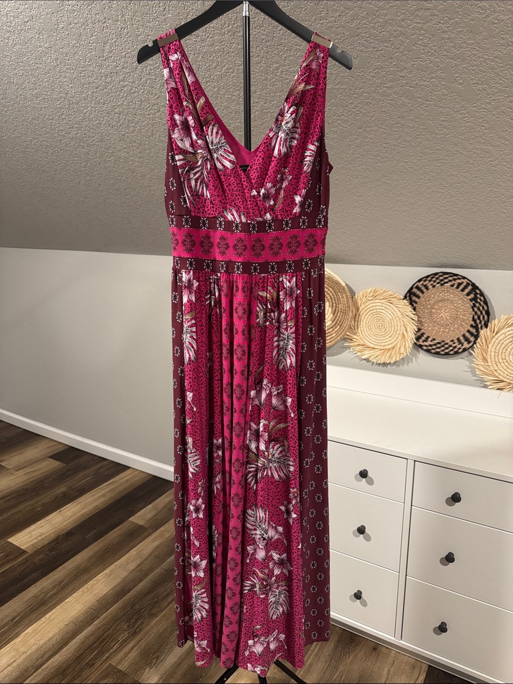 White House Black Market Fuchsia Floral V-Neck Maxi Dress